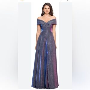 XSCAPE WOMEN OFF-SHOULDER SHIMMER GOWN